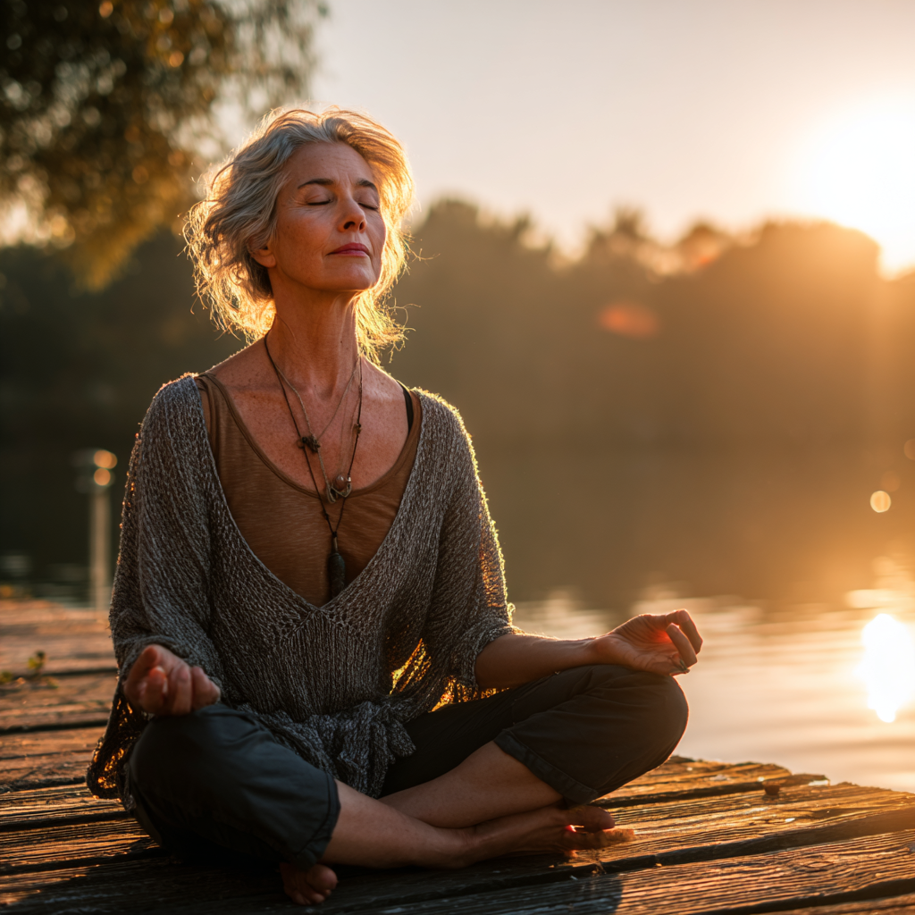 Mature woman practicing yoga meditation in peaceful environment